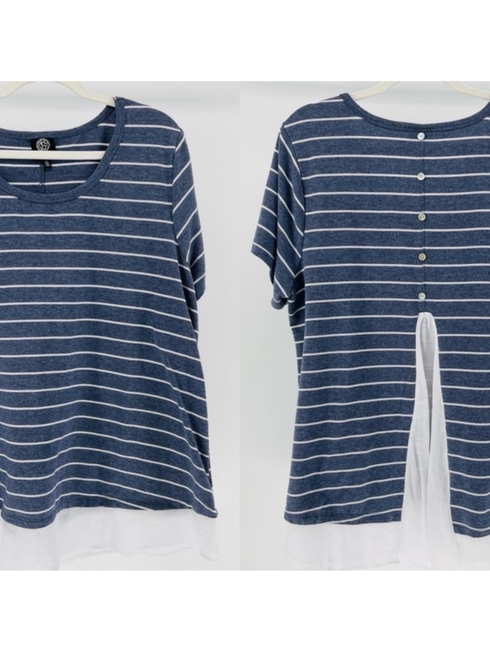 Bobeau Blue White Striped Stretch Knit Button Back Top, Women's 2X